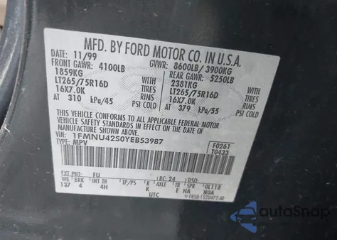 2000 Ford Excursion Limited z USA, uszkodzony, nr VIN 1FMNU42S0YEB53987